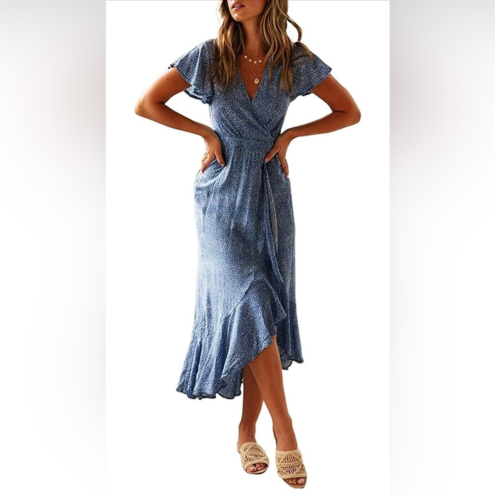 Bohemian Floral Printed Wrap V Neck Short Sleeve Split Beach Party Maxi Dress